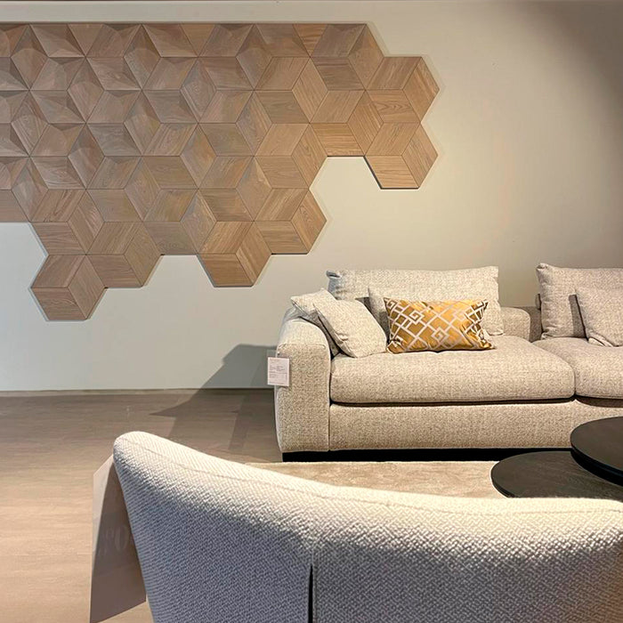 Japandi stijl wandontwerp met houten wandpanelen van Wallmakers bij Wooncentrum Veerman